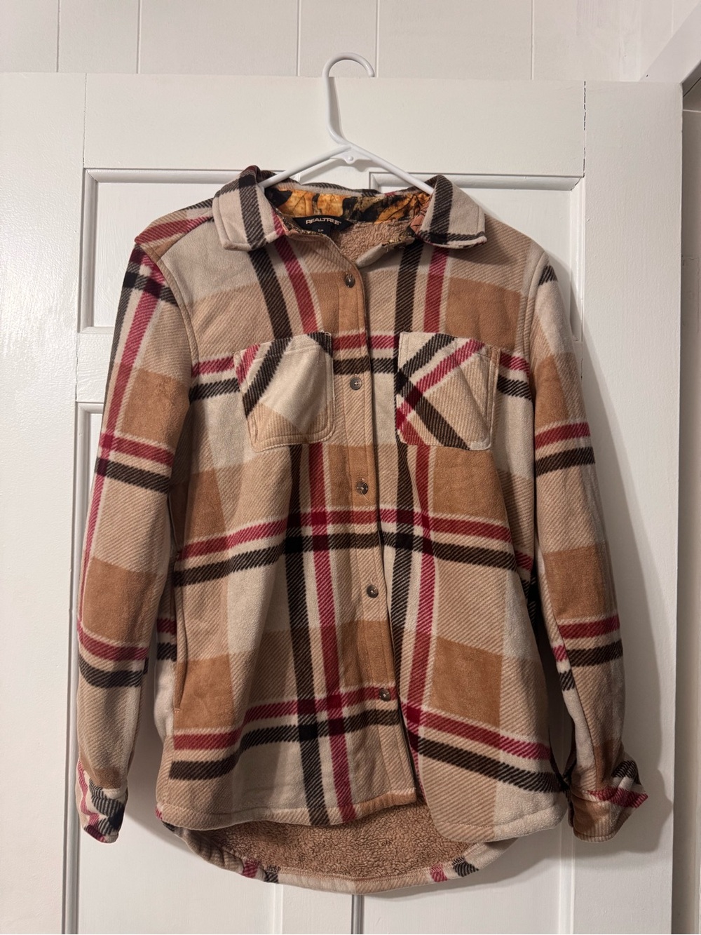 Realtree Tan, Cream & Red Plaid Sherpa-Lined Utility Shacket